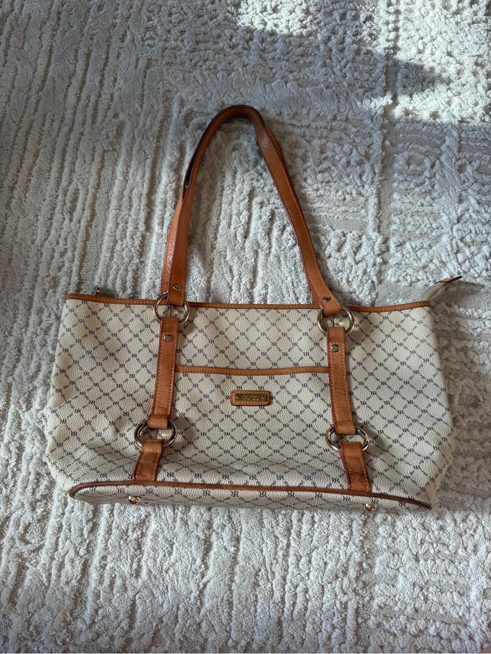 Rioni Cream Patterned Tote Bag with Tan Trim